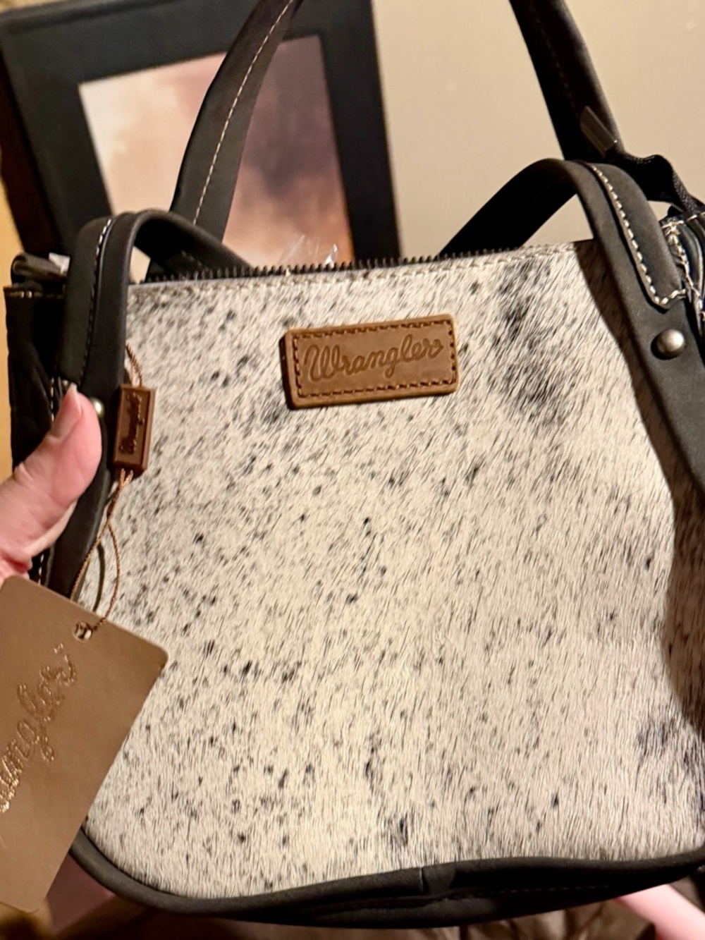 Wrangler Black and White Speckled Faux Hide Satchel with Brown Accents